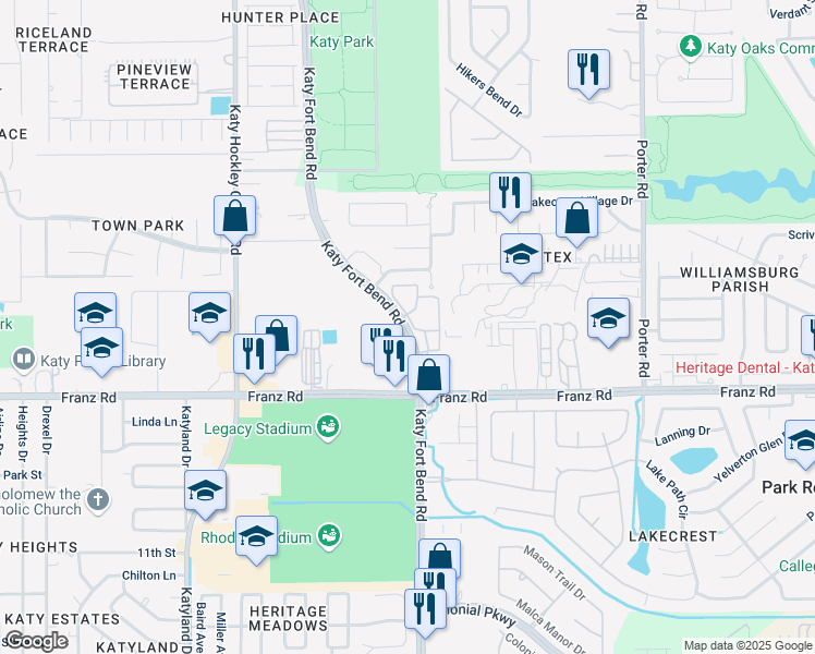 map of restaurants, bars, coffee shops, grocery stores, and more near 2151 Katy Fort Bend Road in Katy