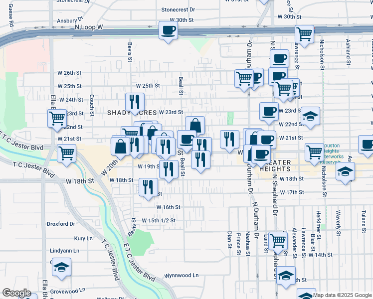 map of restaurants, bars, coffee shops, grocery stores, and more near in Houston