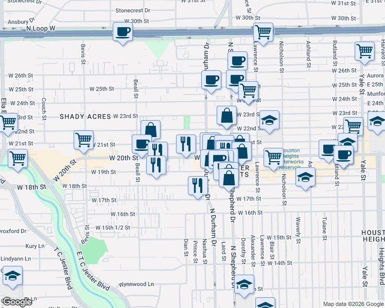 map of restaurants, bars, coffee shops, grocery stores, and more near 828 West 23rd Street in Houston