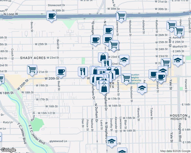map of restaurants, bars, coffee shops, grocery stores, and more near 746 West 20th Street in Houston