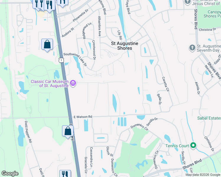 map of restaurants, bars, coffee shops, grocery stores, and more near 237 Amistad Drive in St. Augustine
