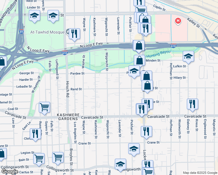 map of restaurants, bars, coffee shops, grocery stores, and more near 4802 Wipprecht Street in Houston