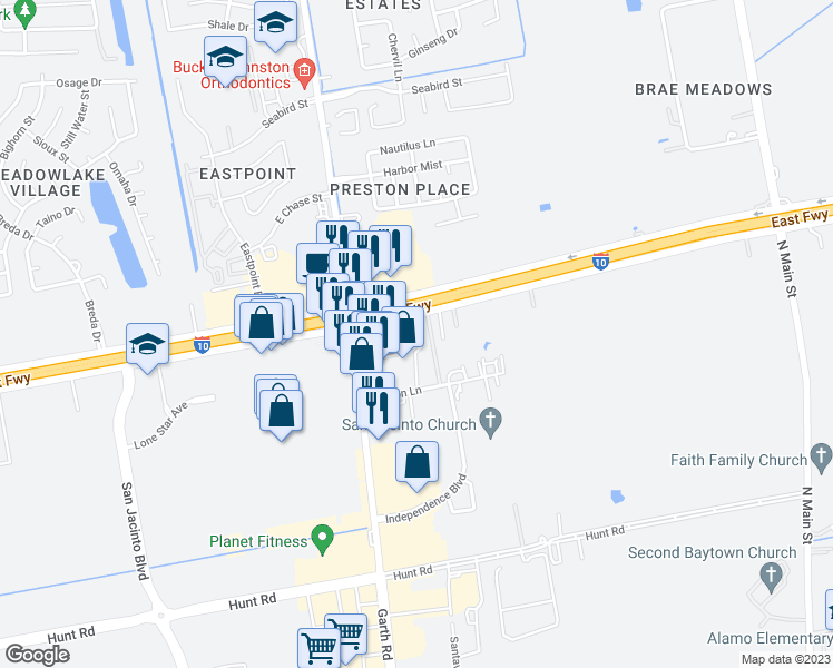 map of restaurants, bars, coffee shops, grocery stores, and more near 5232 East Freeway in Baytown