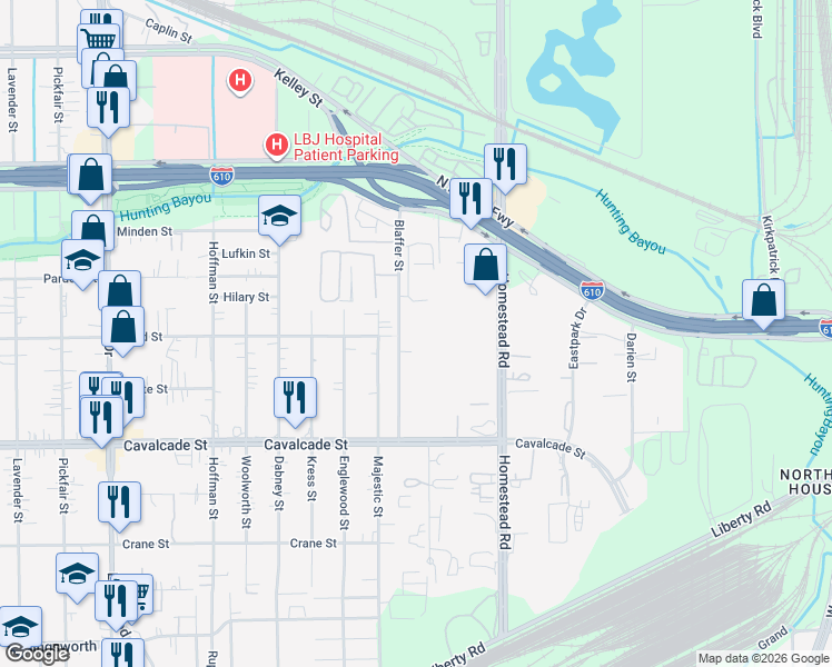 map of restaurants, bars, coffee shops, grocery stores, and more near 4700 Blaffer Street in Houston
