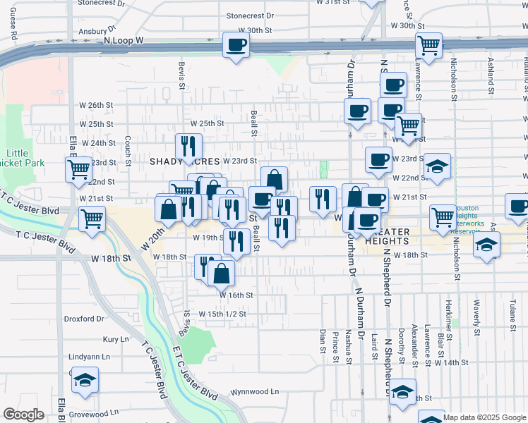 map of restaurants, bars, coffee shops, grocery stores, and more near in Houston