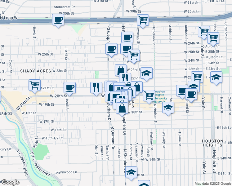 map of restaurants, bars, coffee shops, grocery stores, and more near 746 West 20th Street in Houston