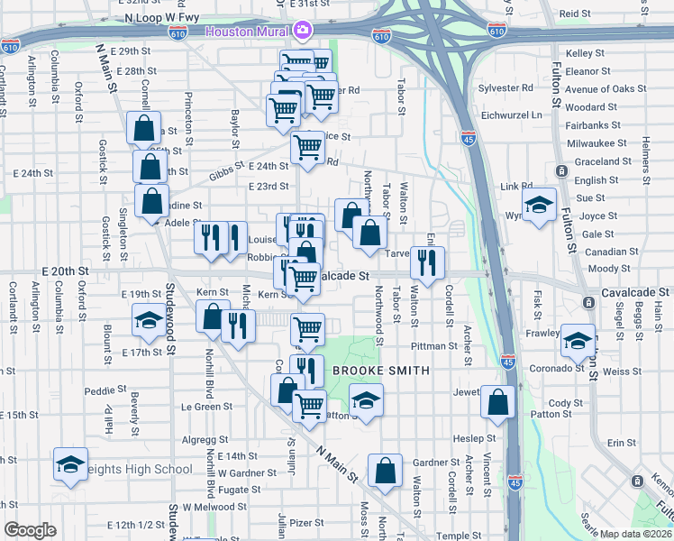 map of restaurants, bars, coffee shops, grocery stores, and more near 700 West Cavalcade Street in Houston