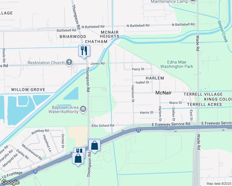 map of restaurants, bars, coffee shops, grocery stores, and more near 2115 Wheat Lane in Baytown