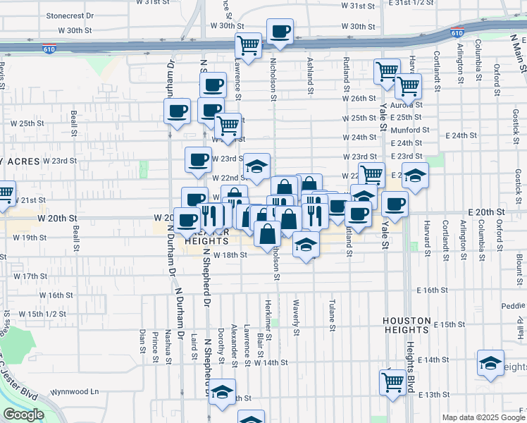 map of restaurants, bars, coffee shops, grocery stores, and more near 515 West 20th Street in Houston