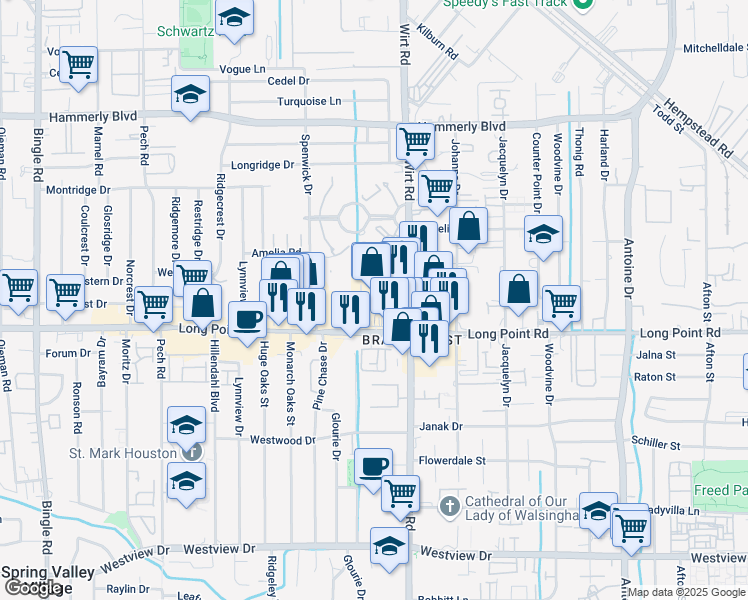 map of restaurants, bars, coffee shops, grocery stores, and more near 8000 Long Point Road in Houston