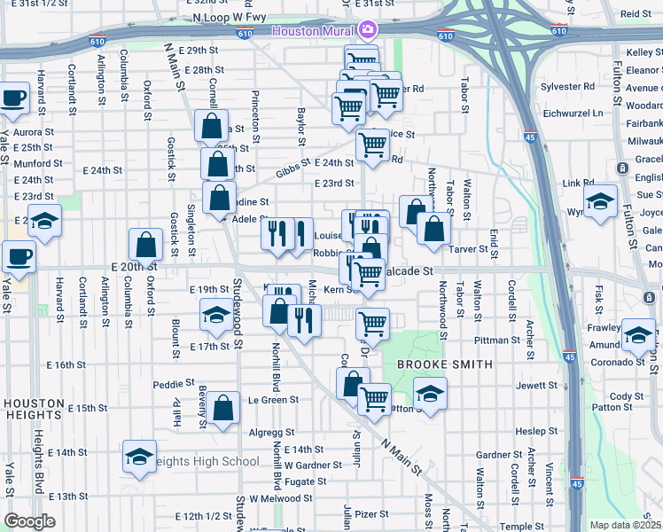 map of restaurants, bars, coffee shops, grocery stores, and more near 915 West Cavalcade Street in Houston