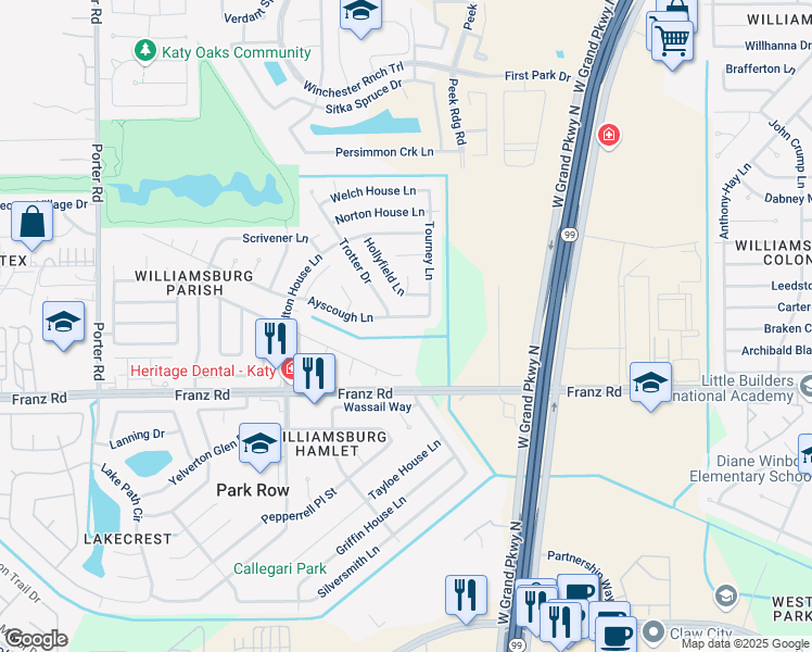 map of restaurants, bars, coffee shops, grocery stores, and more near 23727 Ayscough Lane in Katy