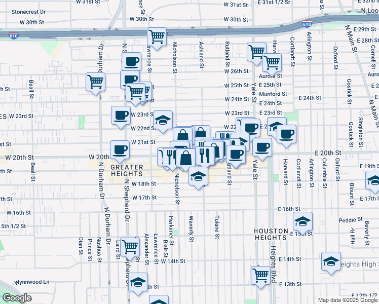 map of restaurants, bars, coffee shops, grocery stores, and more near 1917 Ashland Street in Houston