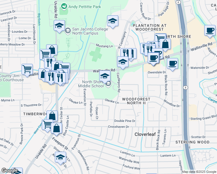 map of restaurants, bars, coffee shops, grocery stores, and more near 14930 Wallisville Road in Houston