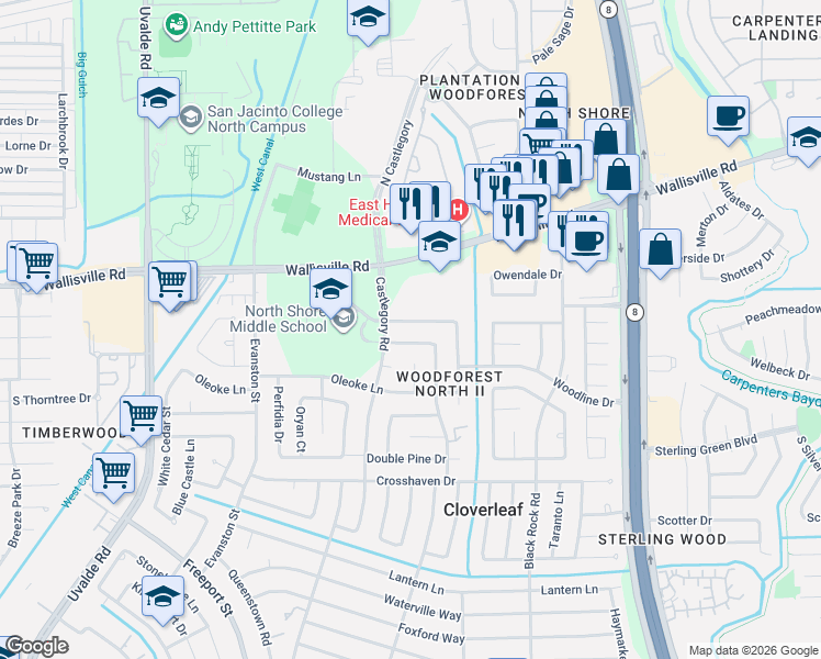 map of restaurants, bars, coffee shops, grocery stores, and more near 14102 Twisted Rattan Lane in Houston