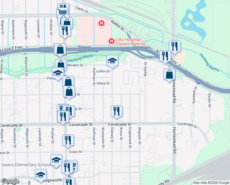 map of restaurants, bars, coffee shops, grocery stores, and more near 4710 Dabney Street in Houston