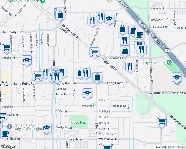 map of restaurants, bars, coffee shops, grocery stores, and more near 1845 Silber Road in Houston