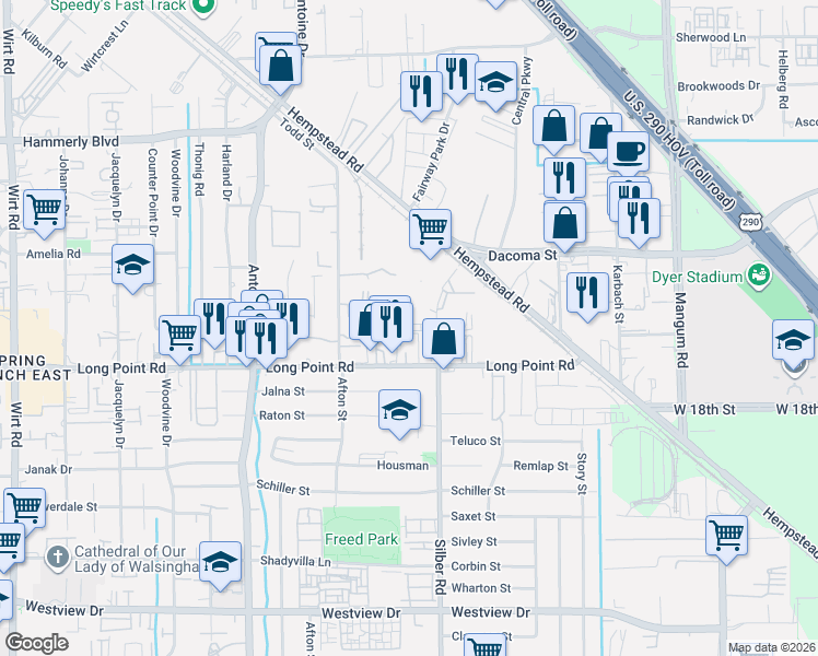 map of restaurants, bars, coffee shops, grocery stores, and more near 1845 Silber Road in Houston