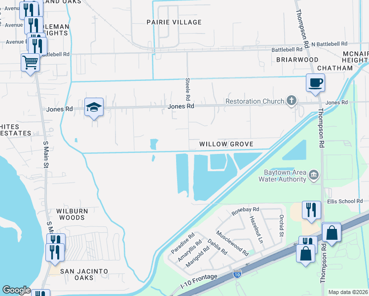 map of restaurants, bars, coffee shops, grocery stores, and more near 908 Steele Road in Highlands