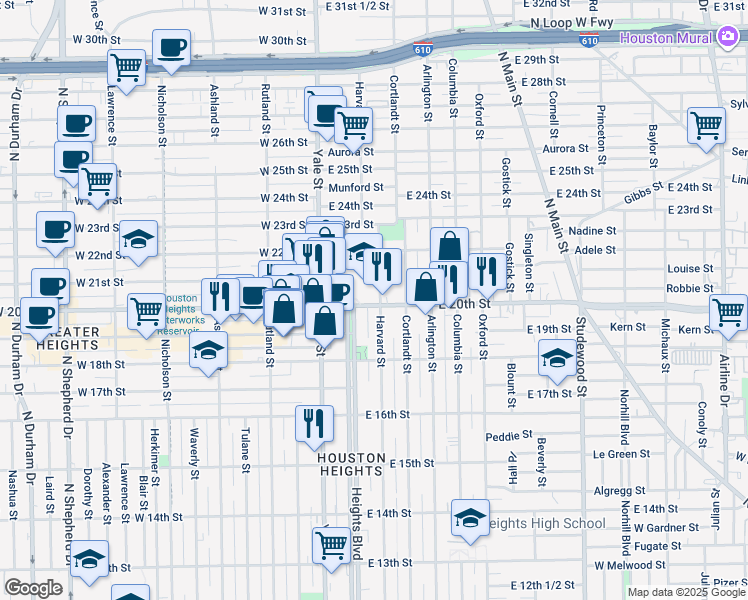 map of restaurants, bars, coffee shops, grocery stores, and more near 1845 Harvard Street in Houston