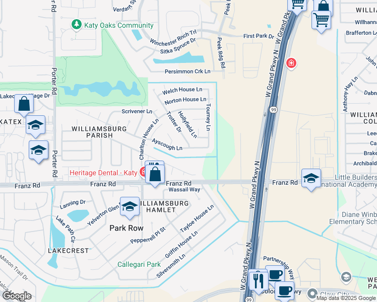 map of restaurants, bars, coffee shops, grocery stores, and more near 23727 Ayscough Lane in Katy