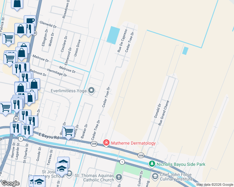 map of restaurants, bars, coffee shops, grocery stores, and more near Belmont Drive in Thibodaux