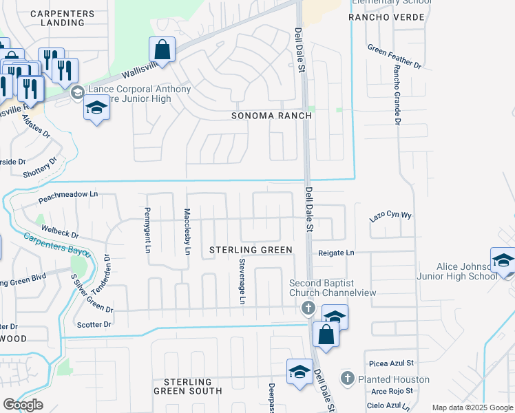 map of restaurants, bars, coffee shops, grocery stores, and more near 1514 Ambrosden Lane in Channelview