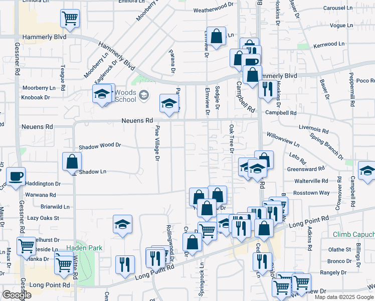 map of restaurants, bars, coffee shops, grocery stores, and more near 1702 Crestdale Drive in Houston
