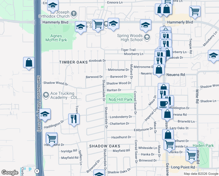 map of restaurants, bars, coffee shops, grocery stores, and more near 10322 Shadow Wood Drive in Houston