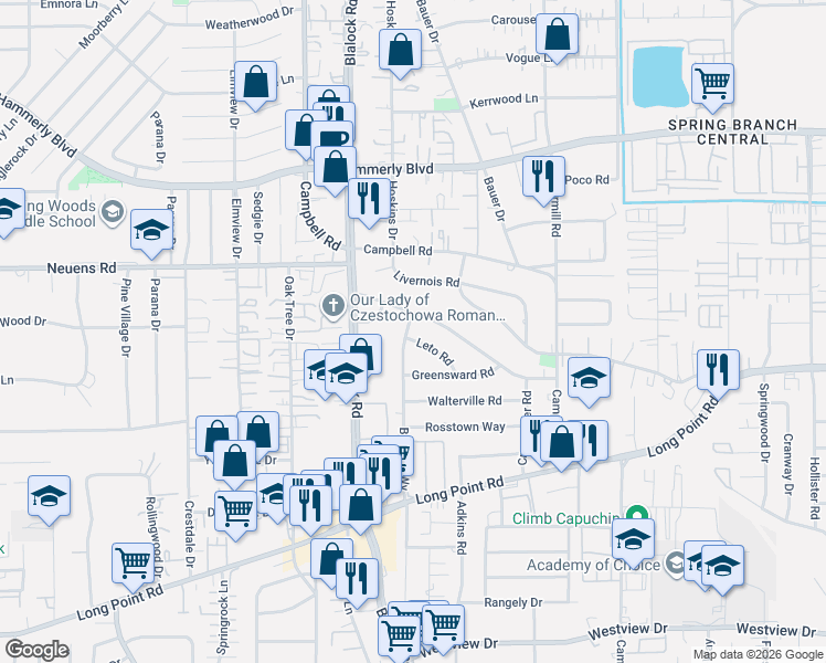 map of restaurants, bars, coffee shops, grocery stores, and more near 9354 Willowview Lane in Houston