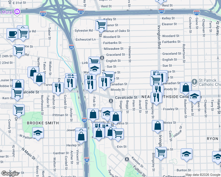 map of restaurants, bars, coffee shops, grocery stores, and more near 4930 Fulton Street in Houston