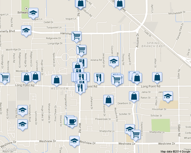 map of restaurants, bars, coffee shops, grocery stores, and more near 1838 Johanna Drive in Houston