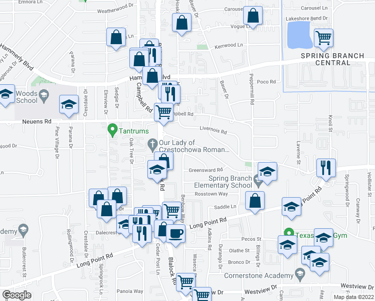 map of restaurants, bars, coffee shops, grocery stores, and more near 9358 Willowview Lane in Houston