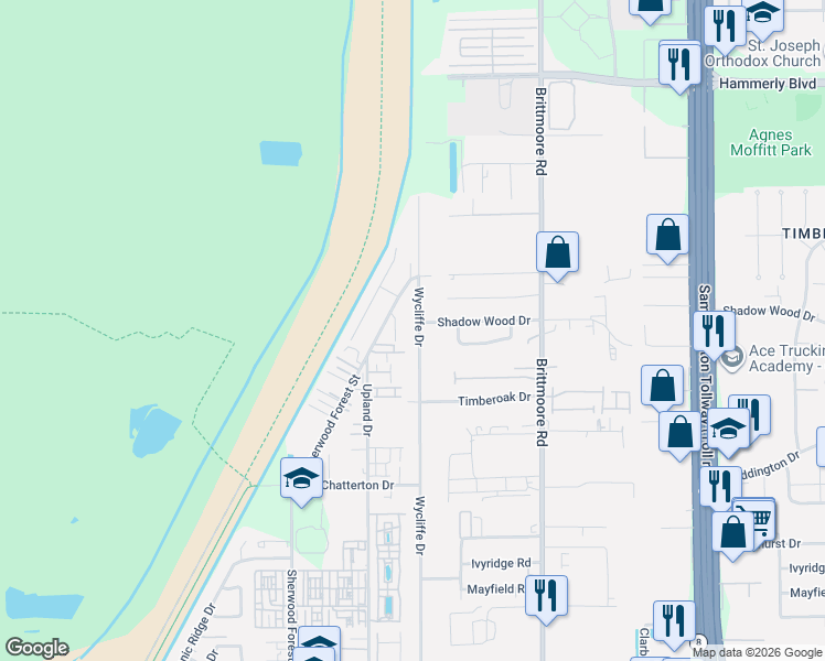 map of restaurants, bars, coffee shops, grocery stores, and more near 1972 Sherwood Forest Street in Houston