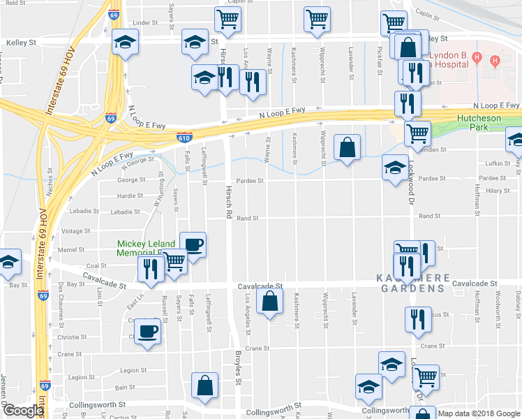 map of restaurants, bars, coffee shops, grocery stores, and more near 4807 Wayne Street in Houston