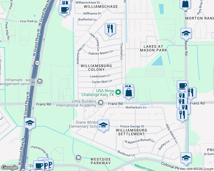 map of restaurants, bars, coffee shops, grocery stores, and more near 22618 Carter Moir Lane in Katy