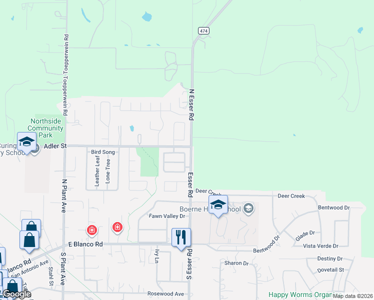 map of restaurants, bars, coffee shops, grocery stores, and more near 236 Latigo Lane in Boerne