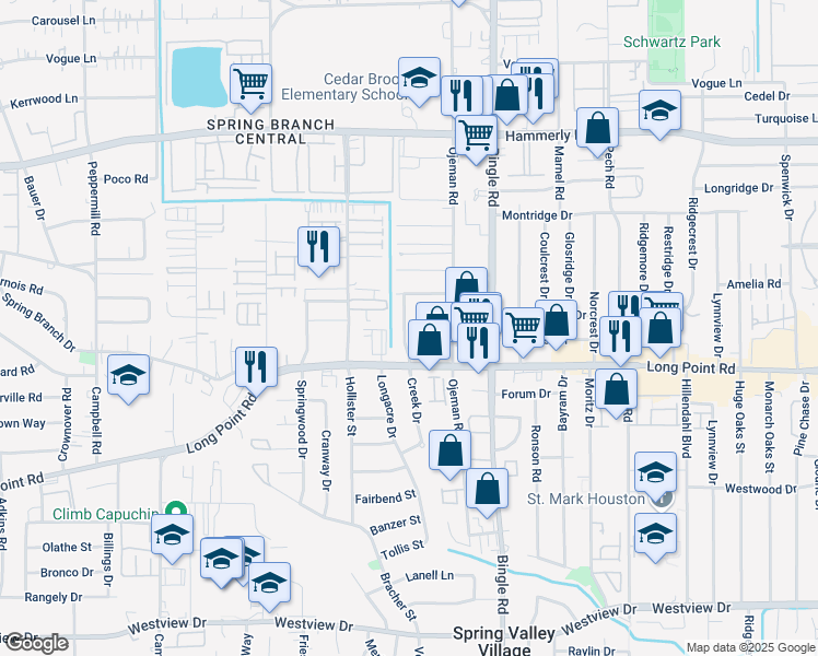 map of restaurants, bars, coffee shops, grocery stores, and more near 8713 Varner Road in Houston