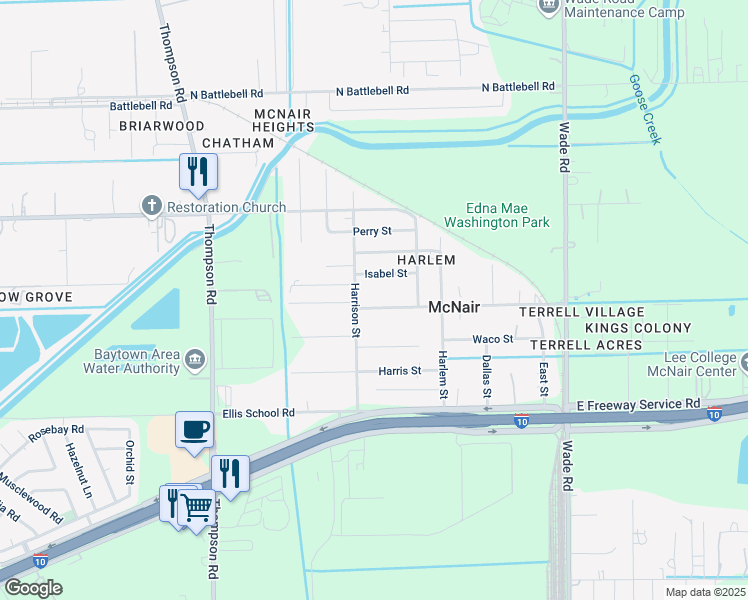 map of restaurants, bars, coffee shops, grocery stores, and more near 2318 Isabel Street in Baytown