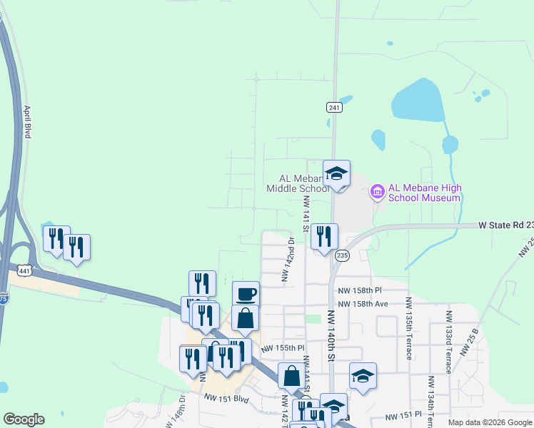 map of restaurants, bars, coffee shops, grocery stores, and more near 14364 Northwest 163rd Place in Alachua