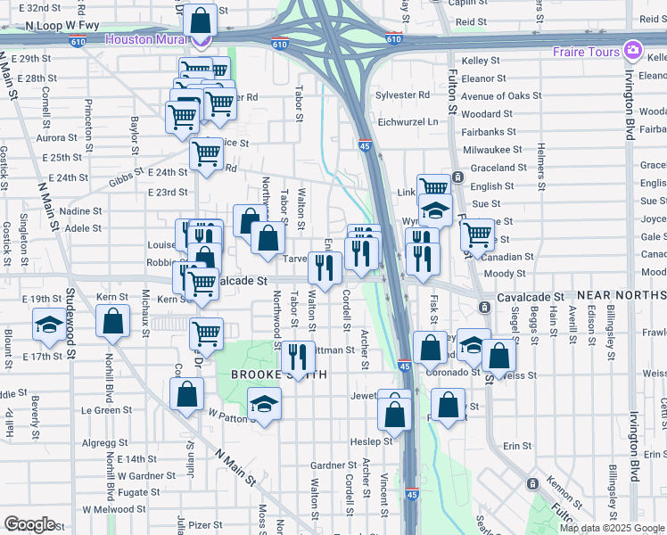 map of restaurants, bars, coffee shops, grocery stores, and more near 1501 Enid Street in Houston