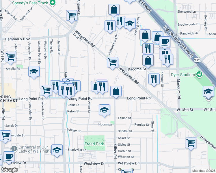 map of restaurants, bars, coffee shops, grocery stores, and more near 2045 Silber Road in Houston