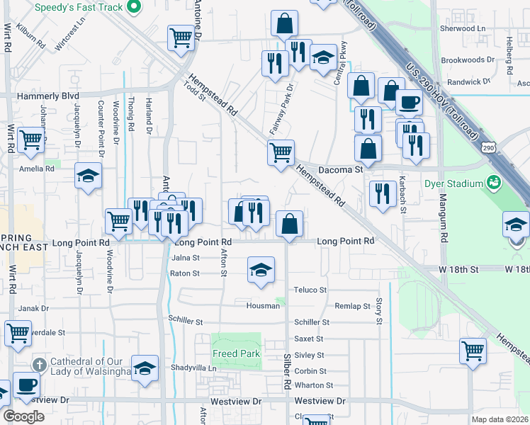 map of restaurants, bars, coffee shops, grocery stores, and more near 2045 Silber Road in Houston