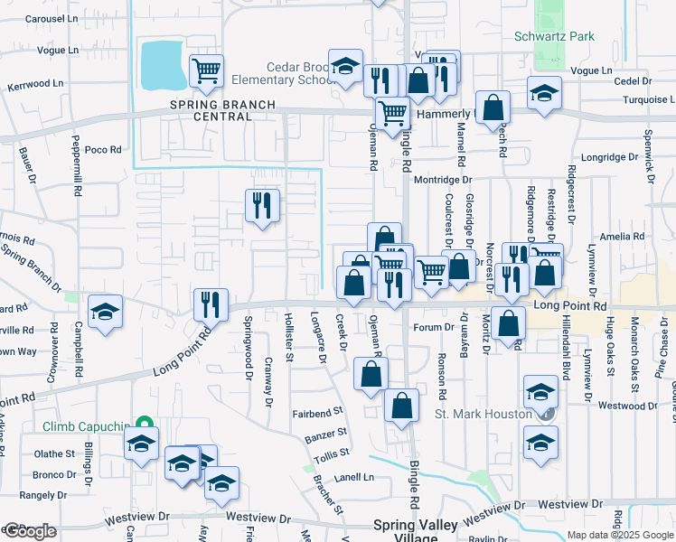map of restaurants, bars, coffee shops, grocery stores, and more near 8713 Varner Road in Houston