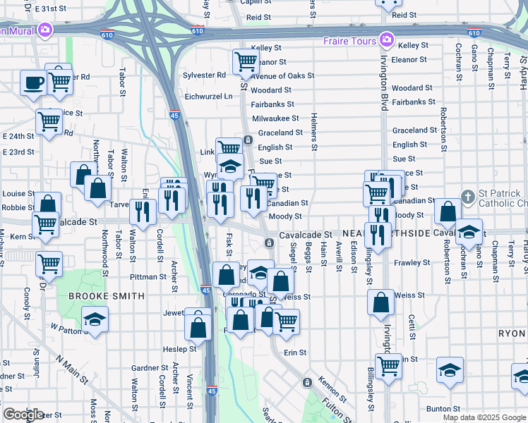 map of restaurants, bars, coffee shops, grocery stores, and more near 4930 Fulton Street in Houston