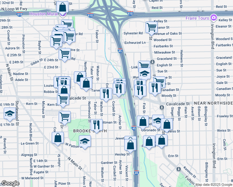 map of restaurants, bars, coffee shops, grocery stores, and more near 1411 Cordell Street in Houston