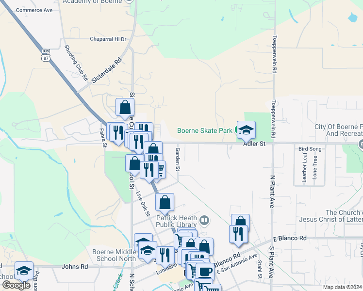 map of restaurants, bars, coffee shops, grocery stores, and more near 102 Serenity Drive in Boerne