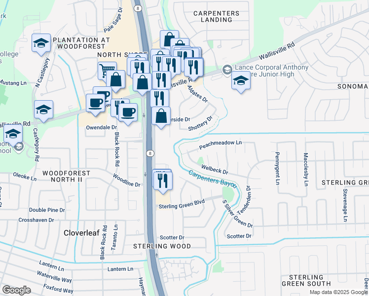 map of restaurants, bars, coffee shops, grocery stores, and more near 14811 Peachmeadow Lane in Channelview