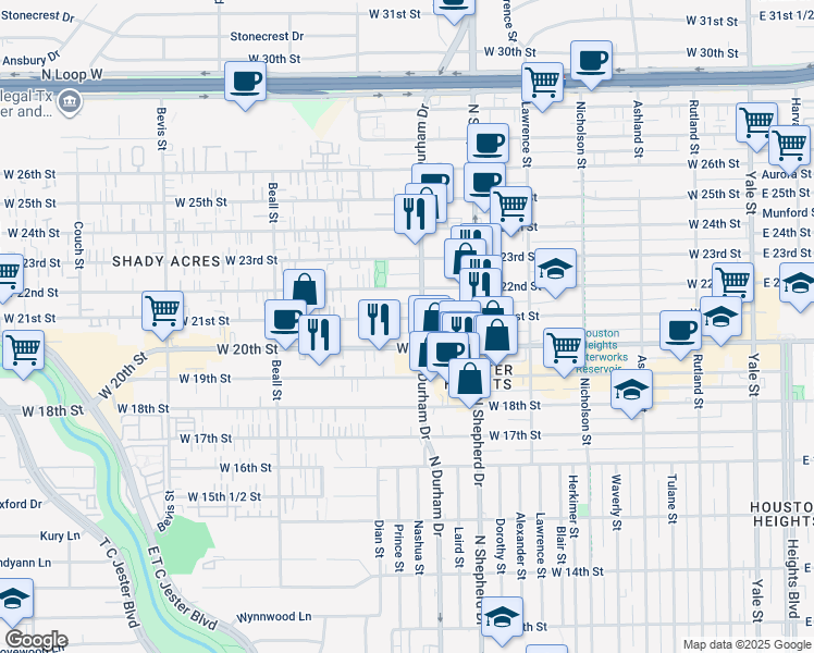 map of restaurants, bars, coffee shops, grocery stores, and more near 827 West 21st Street in Houston