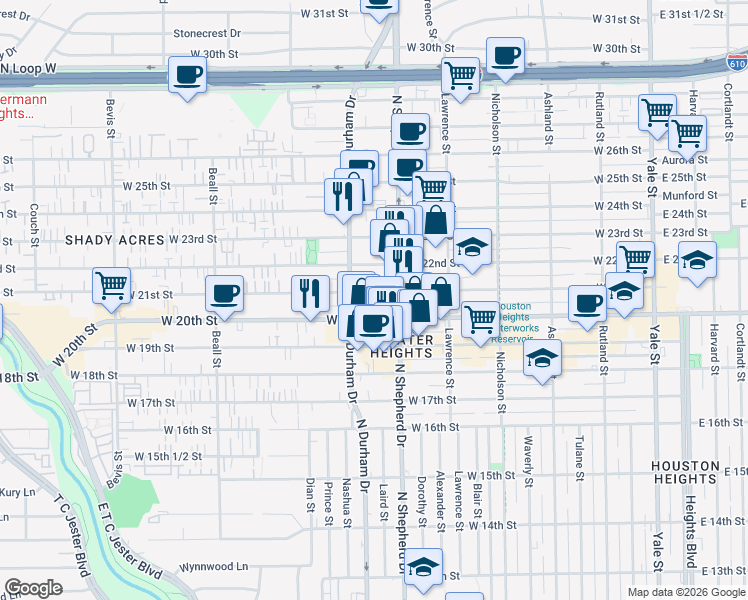 map of restaurants, bars, coffee shops, grocery stores, and more near 741 West 21st Street in Houston